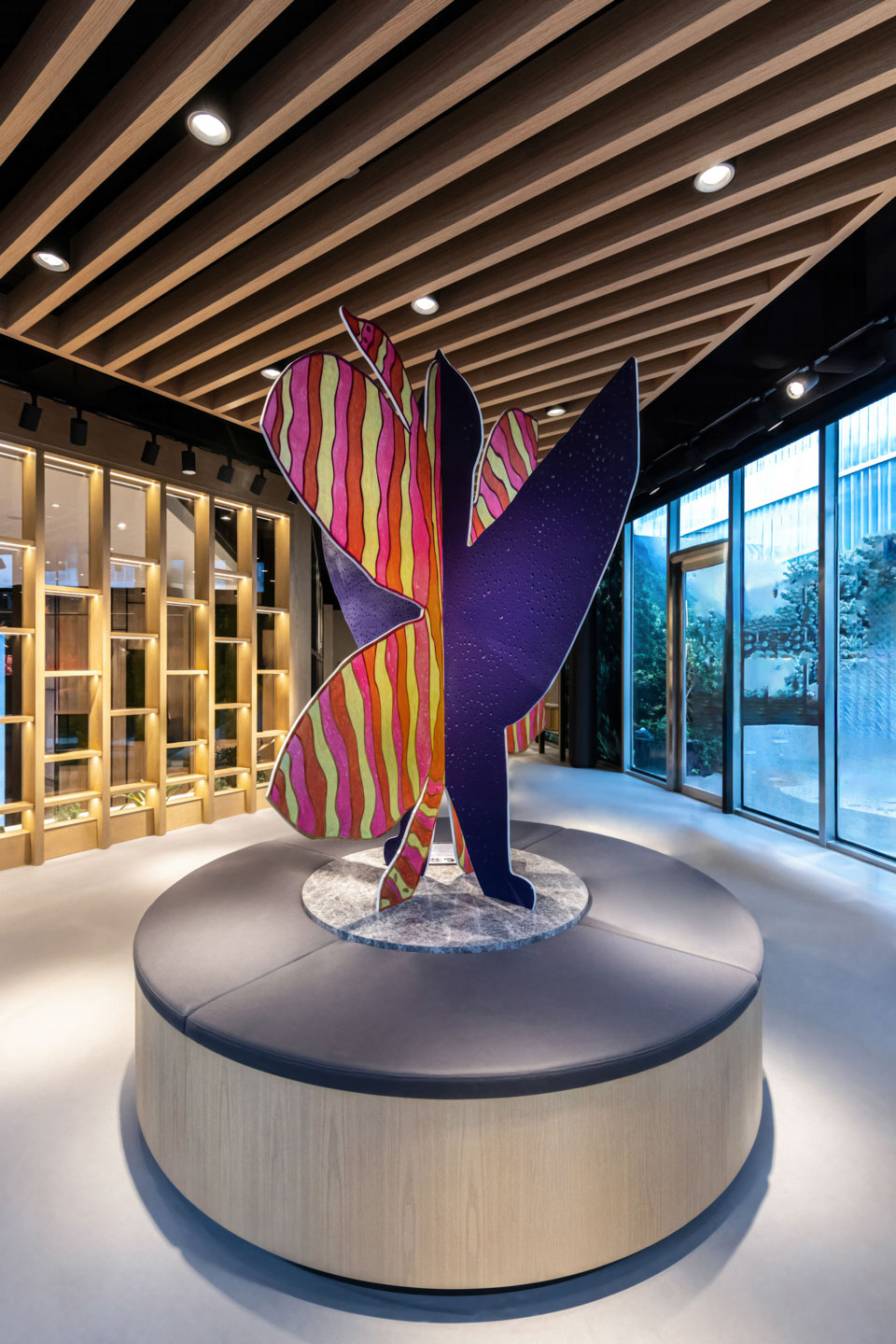 Saimaiyu Akesuk & Alex Fischer, As a Bird, 2023, 84×58×58 in interlocking waterjet cut aluminum panels with painted and trimmed gicée surface treatment